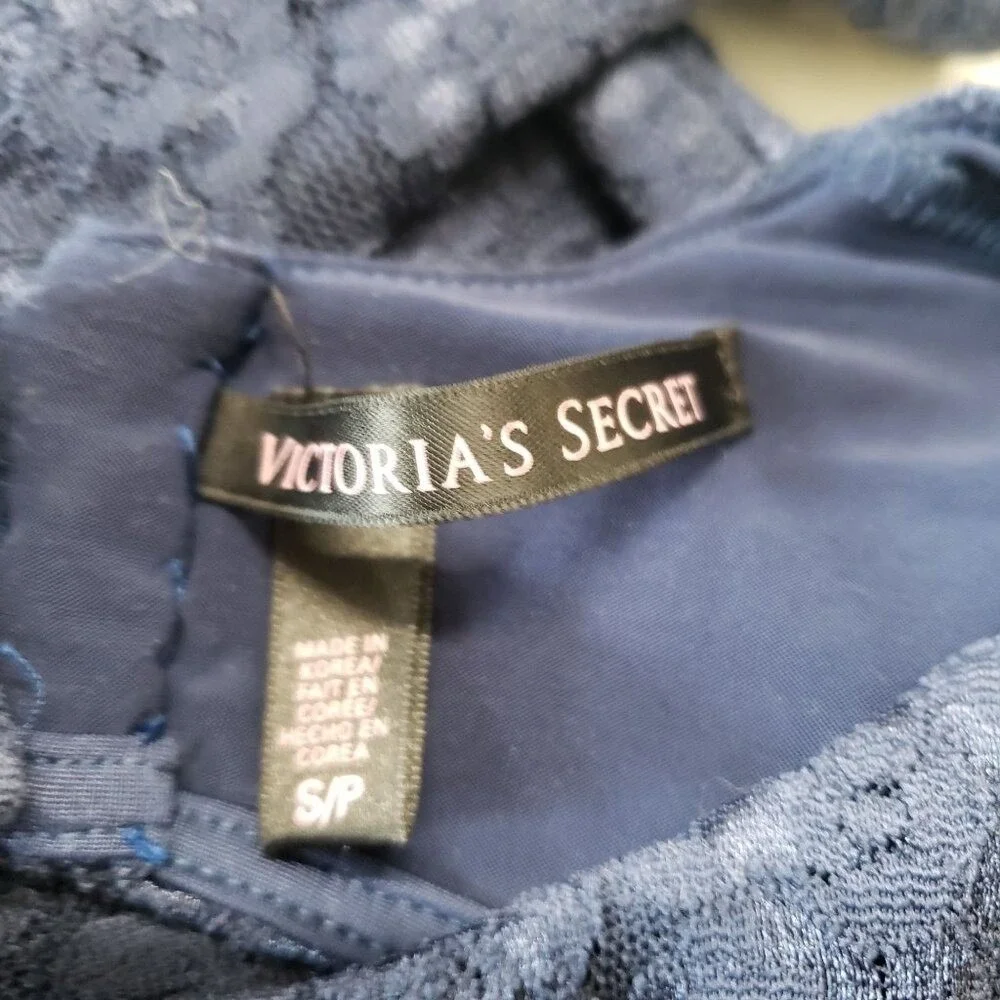 Victorias Secret Lace Dress Womens‎ Small Navy Blue Open Back 3/4 Sleeve Mini